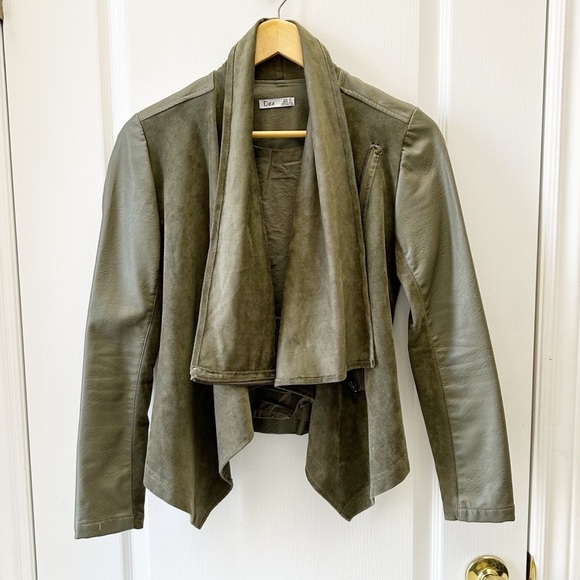 Dex Olive Green Open Front Draped Waterfall Moto Jacket Faux Leather/Suede XS - Picture 5 of 16